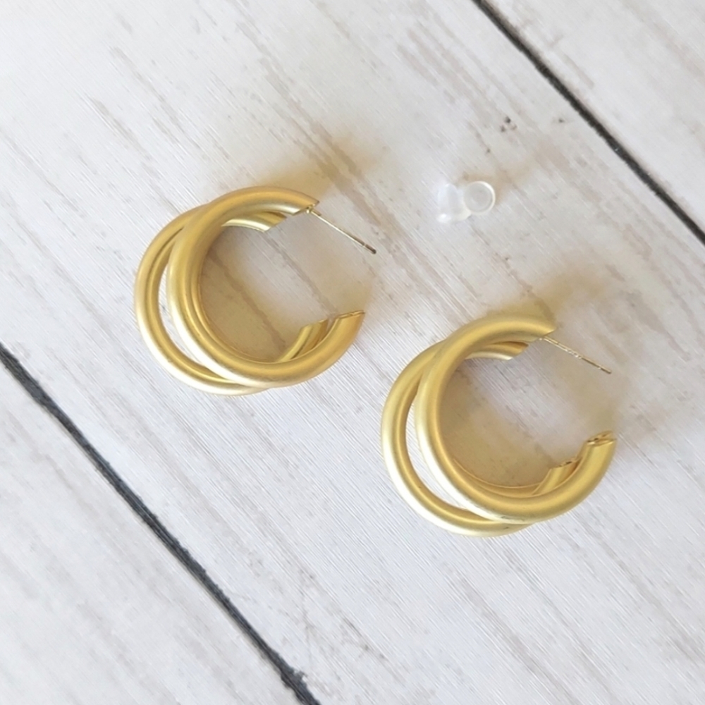 Triple Hoop Earrings - Frosted Gold - Picture 2 of 4